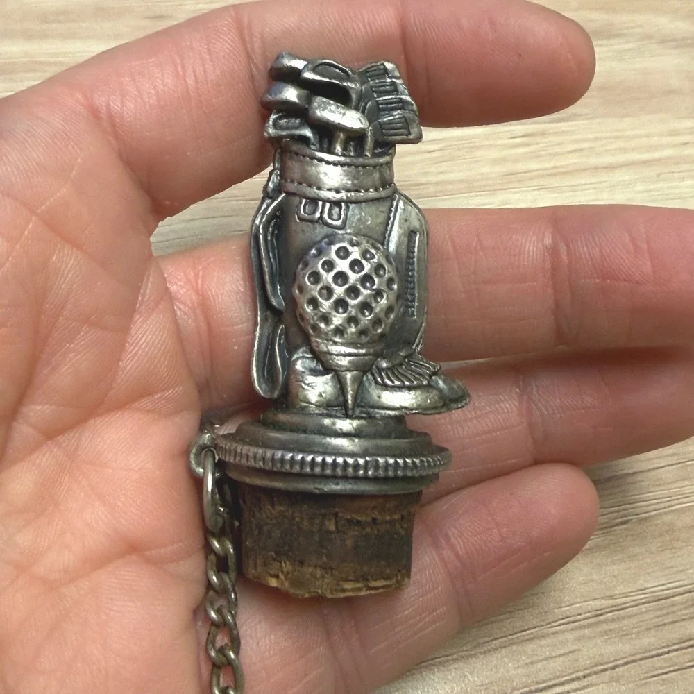 Vintage Golf Bag Bottle Stopper Silver Tone Metal Barware with Chain Cork Base